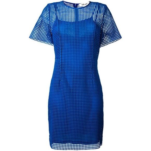 Diane Von Furstenberg Blue Chain Lace Mini Dress Size 4 Short Sleeve Crochet DVF - Picture 2 of 14